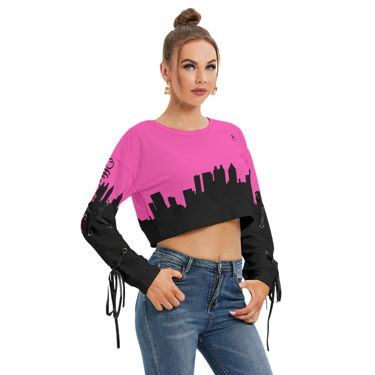 Officially Sexy Neon Pink & Black Skyline Collection Women's Long Lace up Sleeve Cropped Sweatshirt