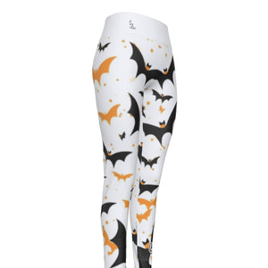 Officially Sexy Halloween Collection Black and Orange Bats Women's White High Waist Leggings #2