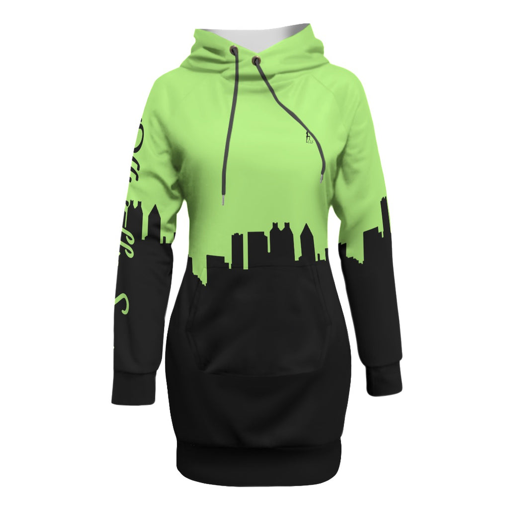 Officially Sexy Neon Green Skyline Collection Pullover Hoodie Dress With Raglan Sleeves