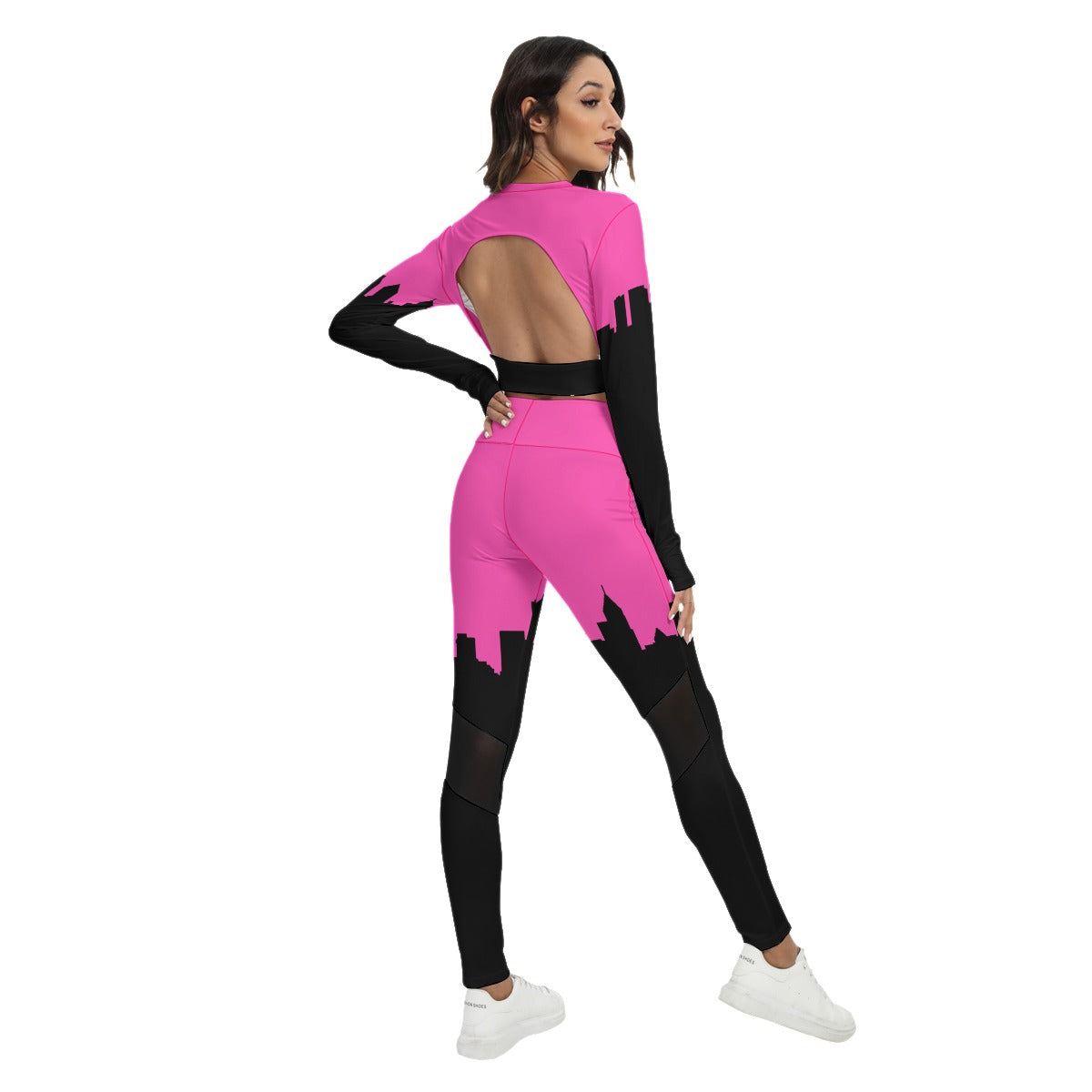 Officially Sexy Neon Pink & Black Skyline Women's Sport Set With Backless Top And Leggings