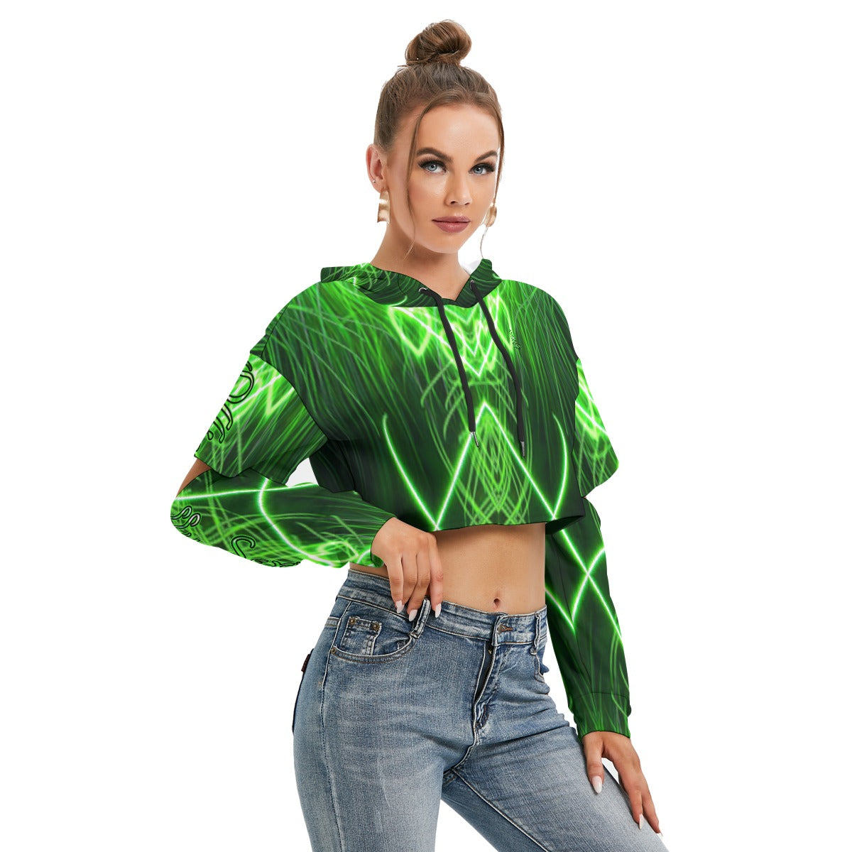 Officially Sexy Neon Green Laser Hearts Collection Women's Heavy Fleece Hoodie With Hollow Out Sleev