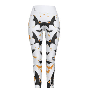 Officially Sexy Halloween Collection Black and Orange Bats Women's White High Waist Leggings #2