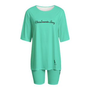 Oficialmente Sexy Turquoise Green Women's T-shirt Set With Short Sleeves With Black Logos