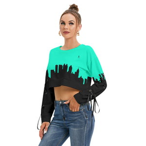 Officially Sexy Sea Green & Black Skyline Collection Women's Long Lace up Sleeve Cropped Sweatshirt
