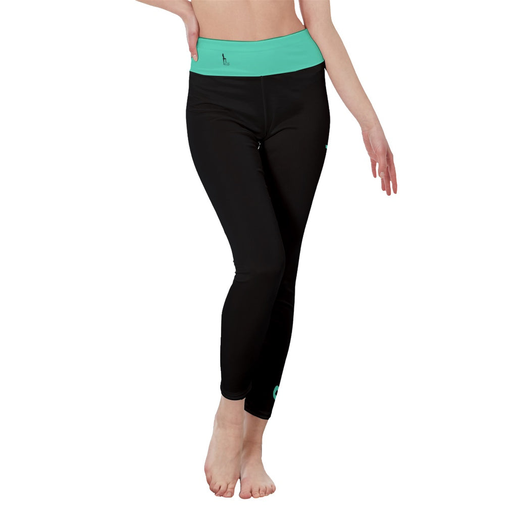 Oficialmente Sexy Black Women's High Waist Leggings With  Turquoise Green Waist / Logo & Side Stitch Closure