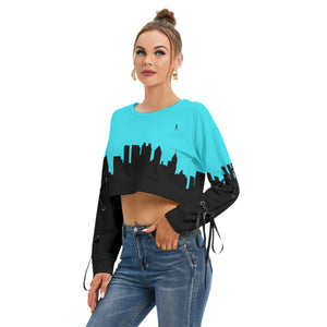 Officially Sexy Turquoise & Black Skyline Collection Women's Long Lace up Sleeve Cropped Sweatshirt
