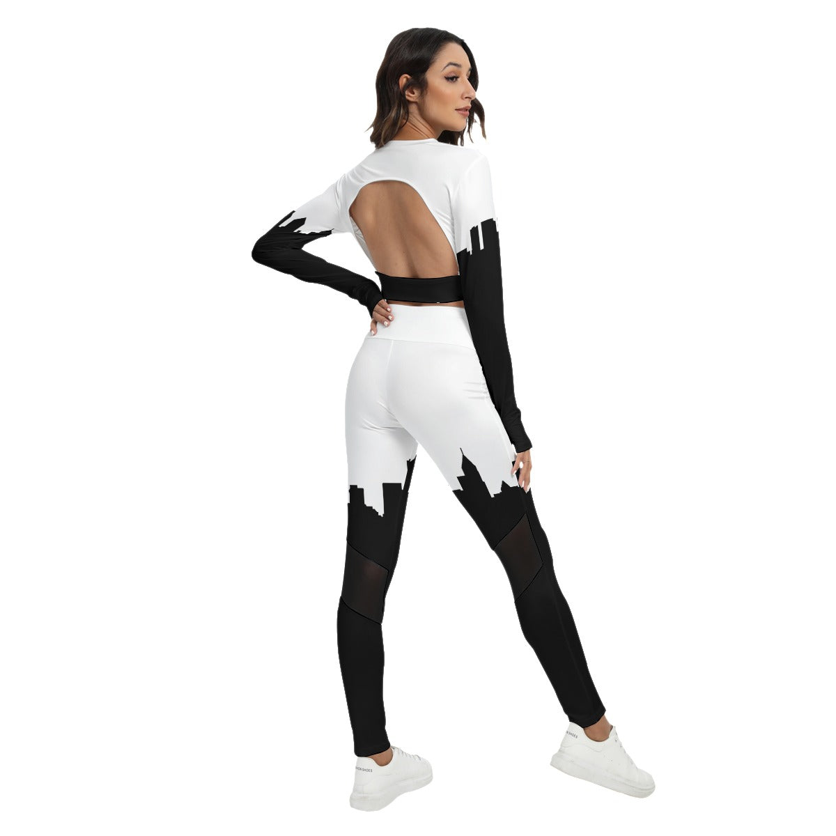 Officially Sexy White & Black Skyline Women's Sport Set With Backless Top And Leggings