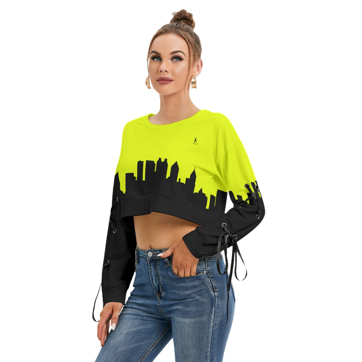Officially Sexy Neon Yellow & Black Skyline Collection Women's Long Lace up Sleeve Cropped Sweatshirt