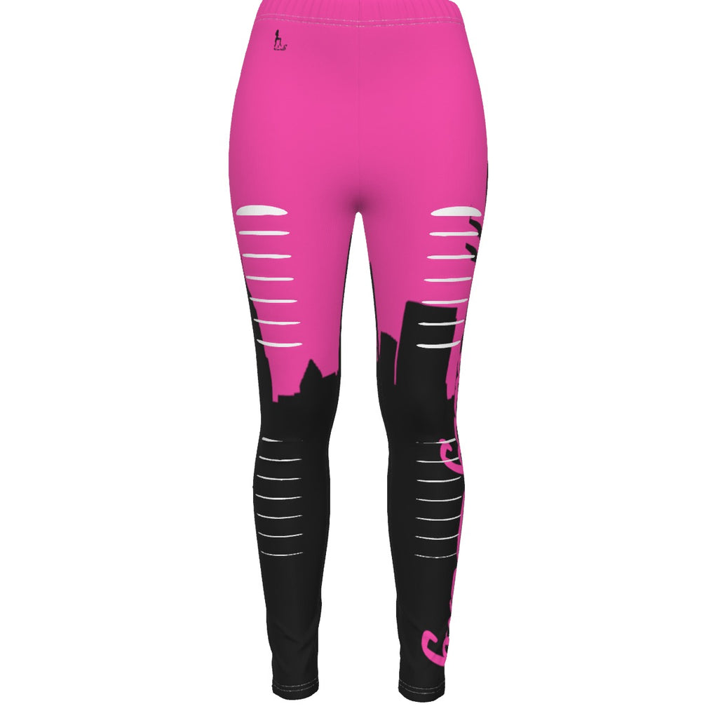 Officially Sexy Neon Pink & Black Skyline Collection Ripped Leggings