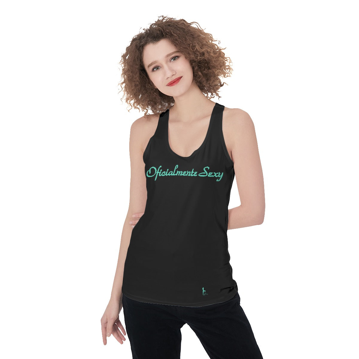 Oficialmente Sexy Black Women's Racerback Tank Top WithTurquoise Green Logos