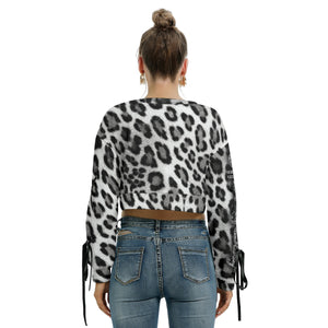 Officially Sexy Snow Leopard Print Collection Women's Cropped Sweatshirt With Long Lace up Sleeves (English)