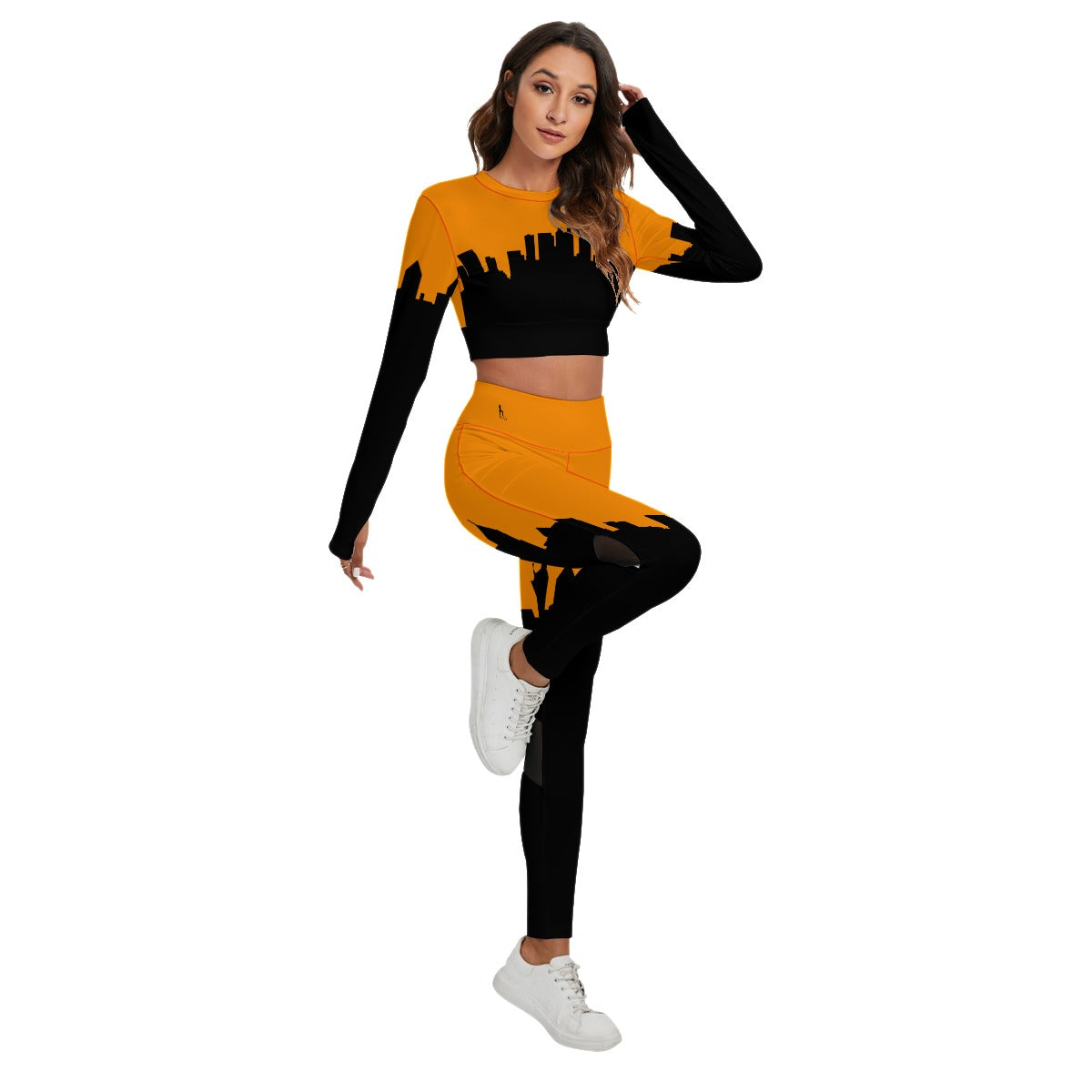 Officially Sexy Neon Orange & Black Skyline Women's Sport Set With Backless Top And Leggings