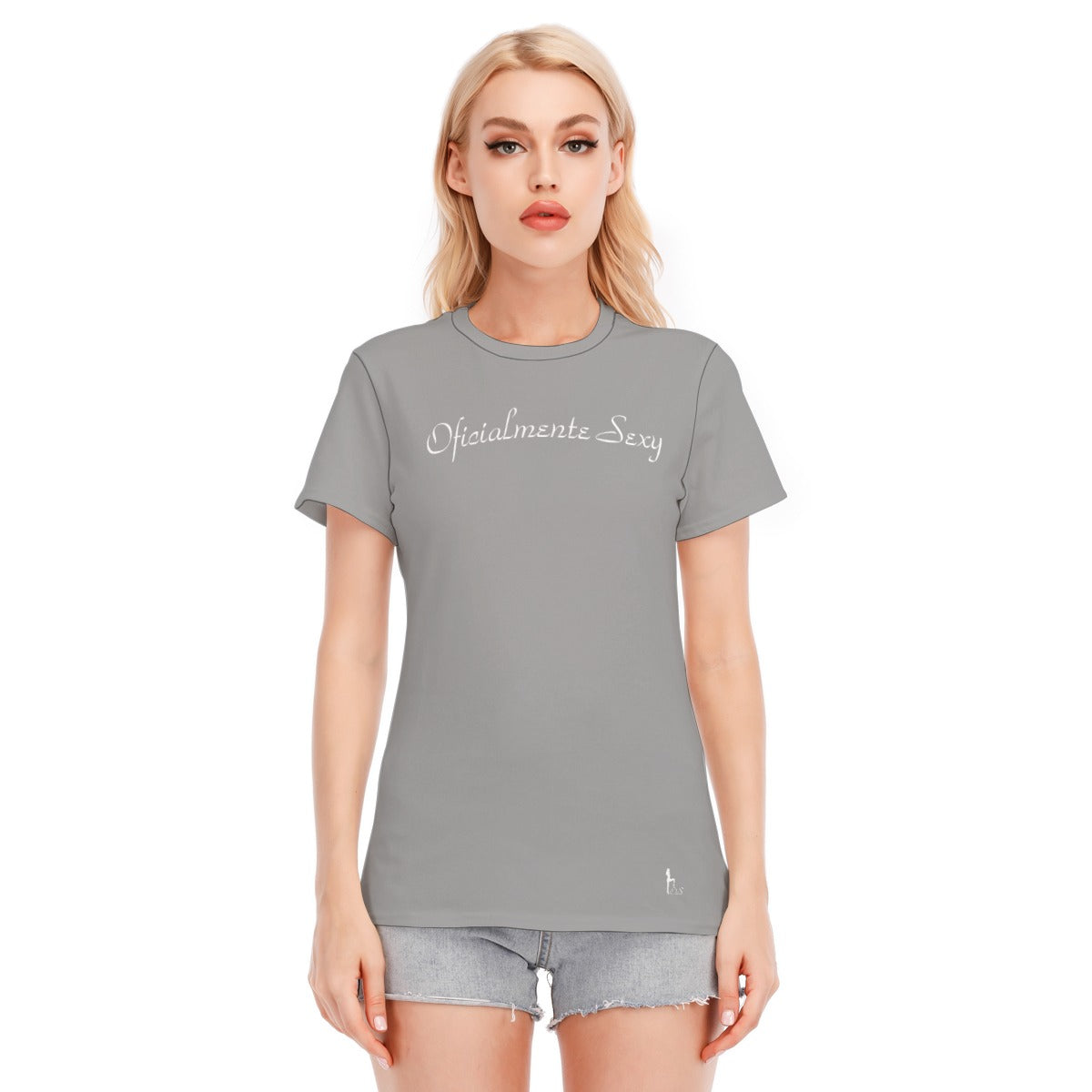👚 Oficialmente Sexy Noble Grey With White Logo Women's Round Neck T-Shirt | 190GSM Cotton Color #9b9b9b 👚