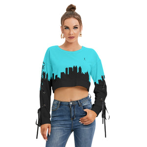 Officially Sexy Turquoise & Black Skyline Collection Women's Long Lace up Sleeve Cropped Sweatshirt