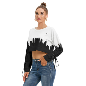 Officially Sexy White & Black Skyline Collection Women's Long Lace up Sleeve Cropped Sweatshirt