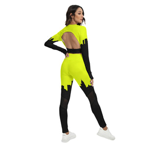 Officially Sexy Neon Yellow & Black Skyline Women's Sport Set With Backless Top And Leggings