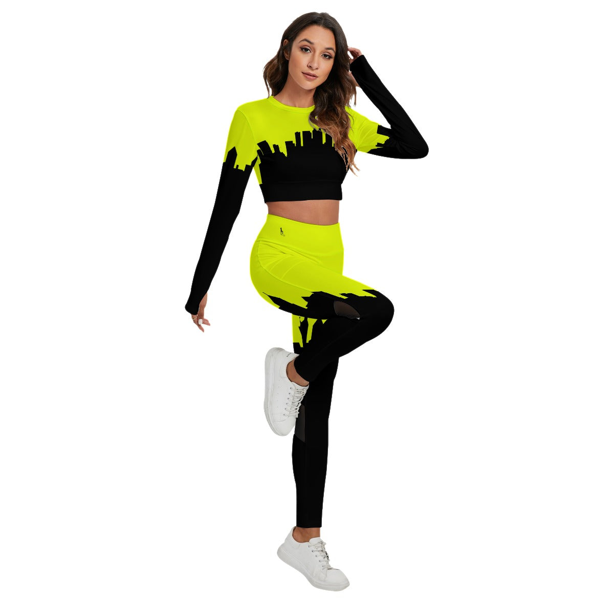 Officially Sexy Neon Yellow & Black Skyline Women's Sport Set With Backless Top And Leggings