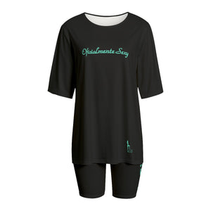 Oficialmente Sexy Black Women's T-shirt Set With Short Sleeves and Turquoise Green Logos