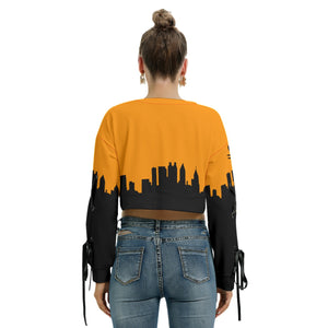 Officially Sexy Neon Orange & Black Skyline Collection Women's Long Lace up Sleeve Cropped Sweatshirt