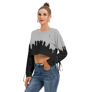 Officially Sexy Light Grey & Black Skyline Collection Women's Long Lace up Sleeve Cropped Sweatshirt