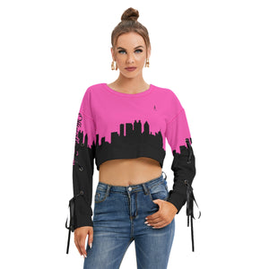 Officially Sexy Neon Pink & Black Skyline Collection Women's Long Lace up Sleeve Cropped Sweatshirt