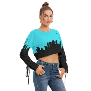 Officially Sexy Turquoise & Black Skyline Collection Women's Long Lace up Sleeve Cropped Sweatshirt