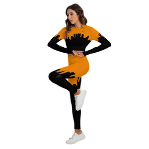 Officially Sexy Neon Orange & Black Skyline Women's Sport Set With Backless Top And Leggings