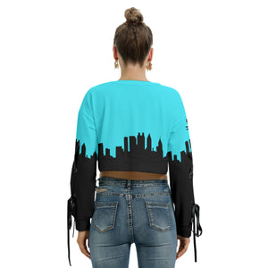 Officially Sexy Turquoise & Black Skyline Collection Women's Long Lace up Sleeve Cropped Sweatshirt