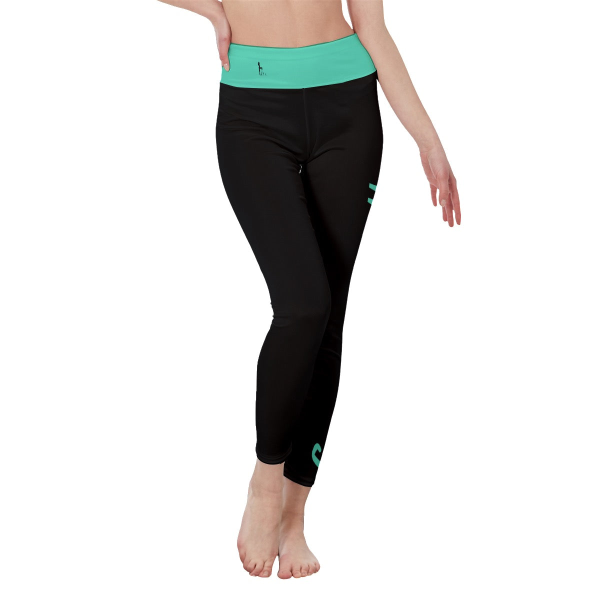 Officially Sexy Black Women's High Waist Leggings With  Turquoise Green Waist / Logo & Side Stitch Closure