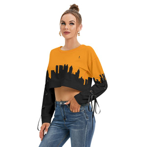 Officially Sexy Neon Orange & Black Skyline Collection Women's Long Lace up Sleeve Cropped Sweatshirt