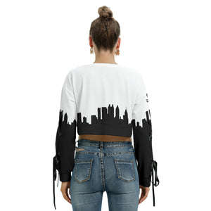 Officially Sexy White & Black Skyline Collection Women's Long Lace up Sleeve Cropped Sweatshirt