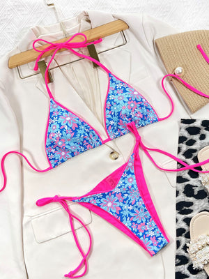 👙 Sexy Floral Pink & Blue Side Tie 2 Piece Halter Top Bikini Set 👙