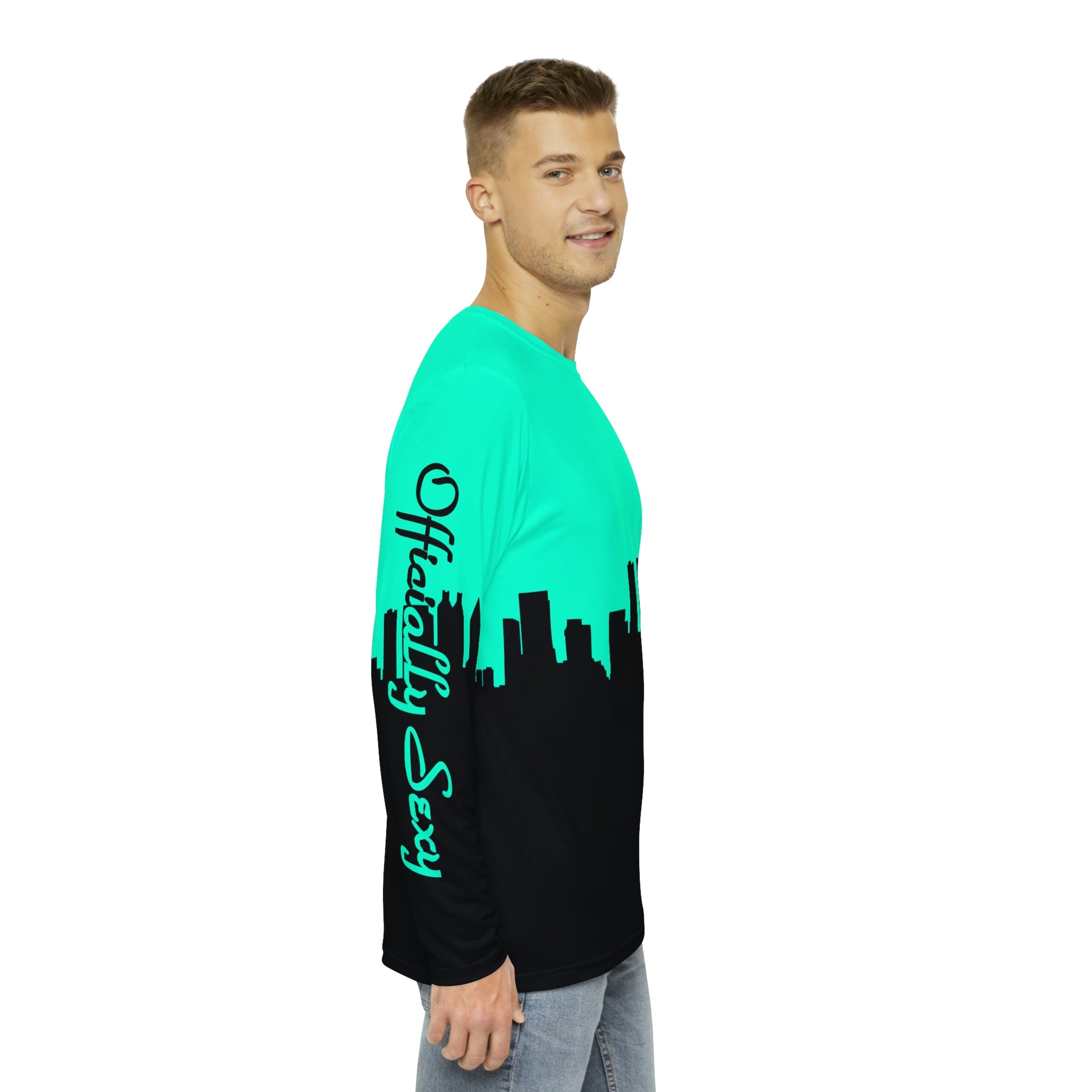 Officially Sexy Men's Sea Green & Black Skyline Long Sleeve AOP Shirt