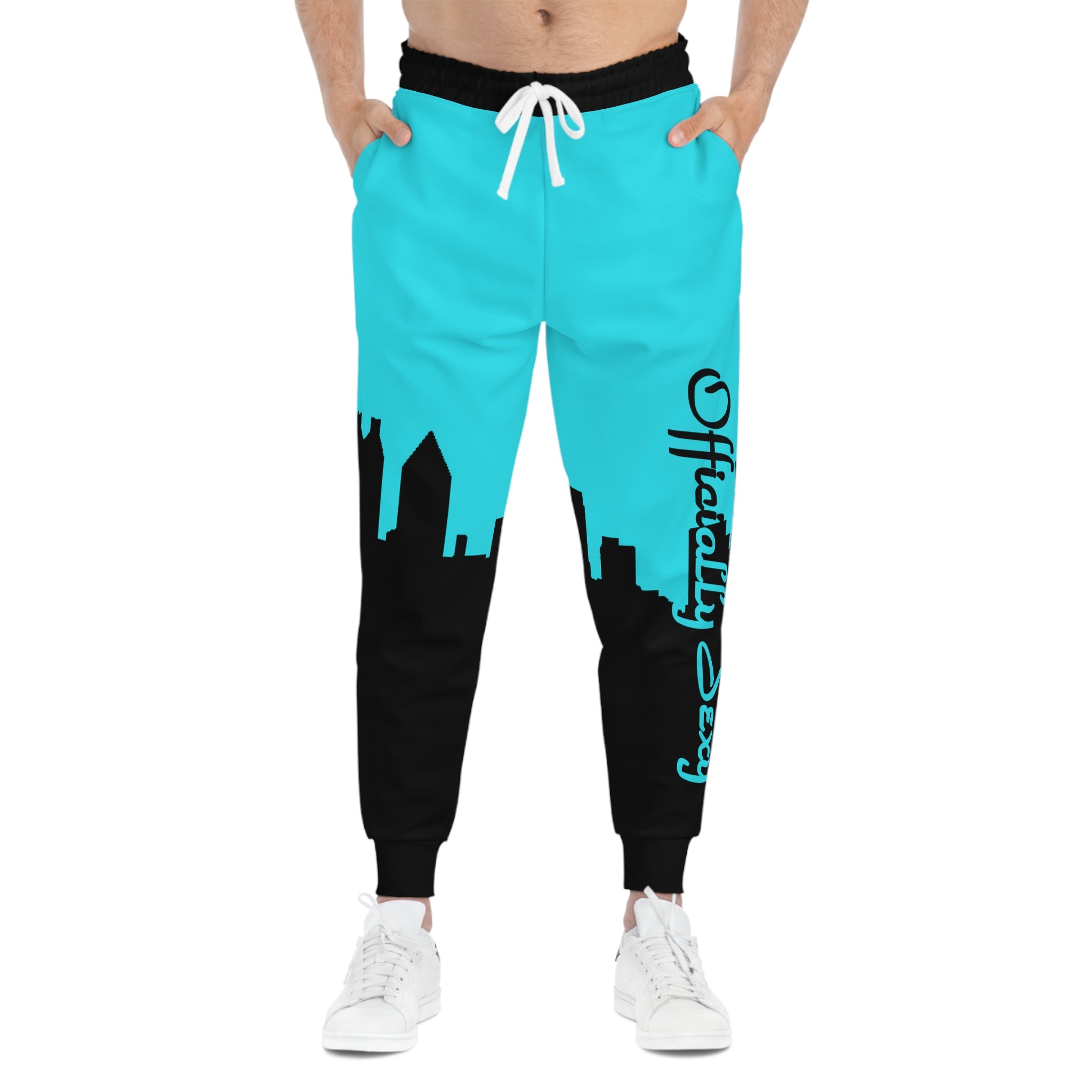 Officially Sexy Turquoise & Black Skyline Unisex Athletic Joggers (AOP)
