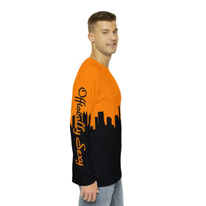 Officially Sexy Neon Orange & Black Skyline Men's Long Sleeve AOP Shirt
