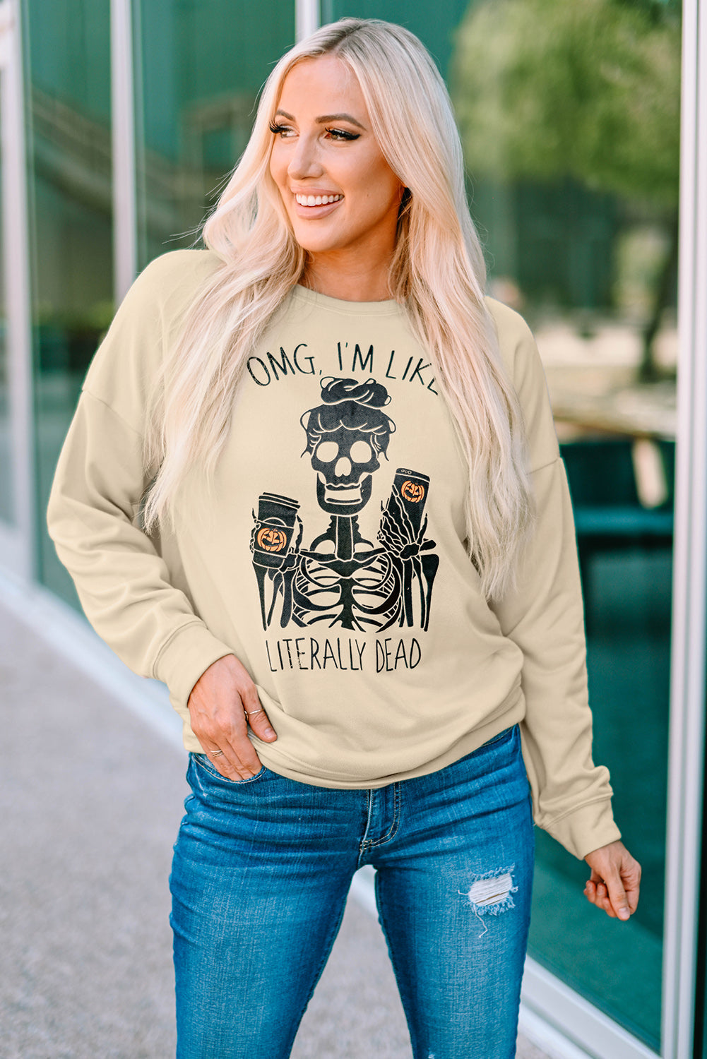 Halloween Skeleton Letter Print Crew Neck Pullover Sweatshirt Brought To You By Officially Sexy