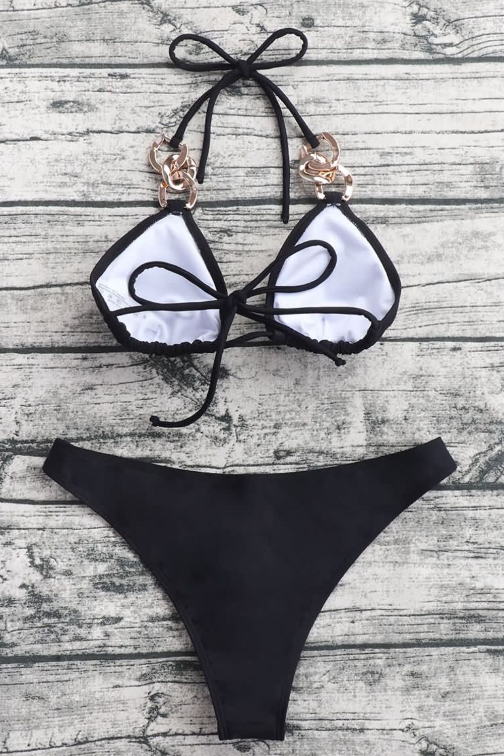 👙 Sexy Chain Detailed Black & Gold Halter Top Bikini Set 👙