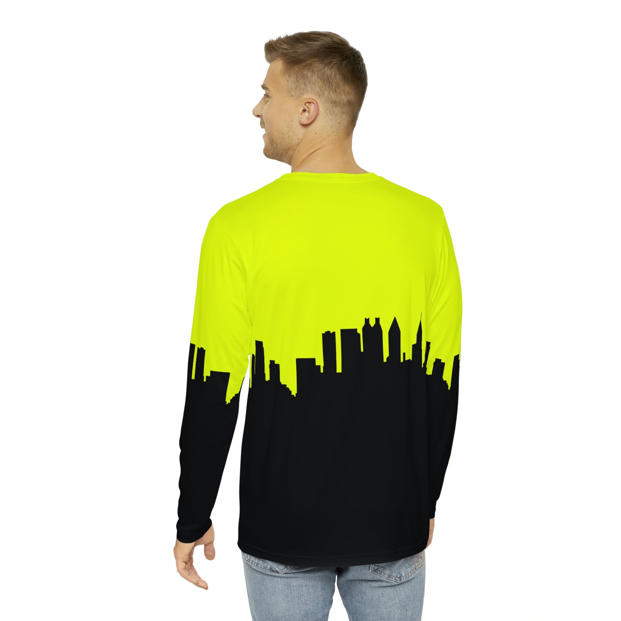 Officially Sexy Neon Yellow & Black Skyline Men's Long Sleeve AOP Shirt