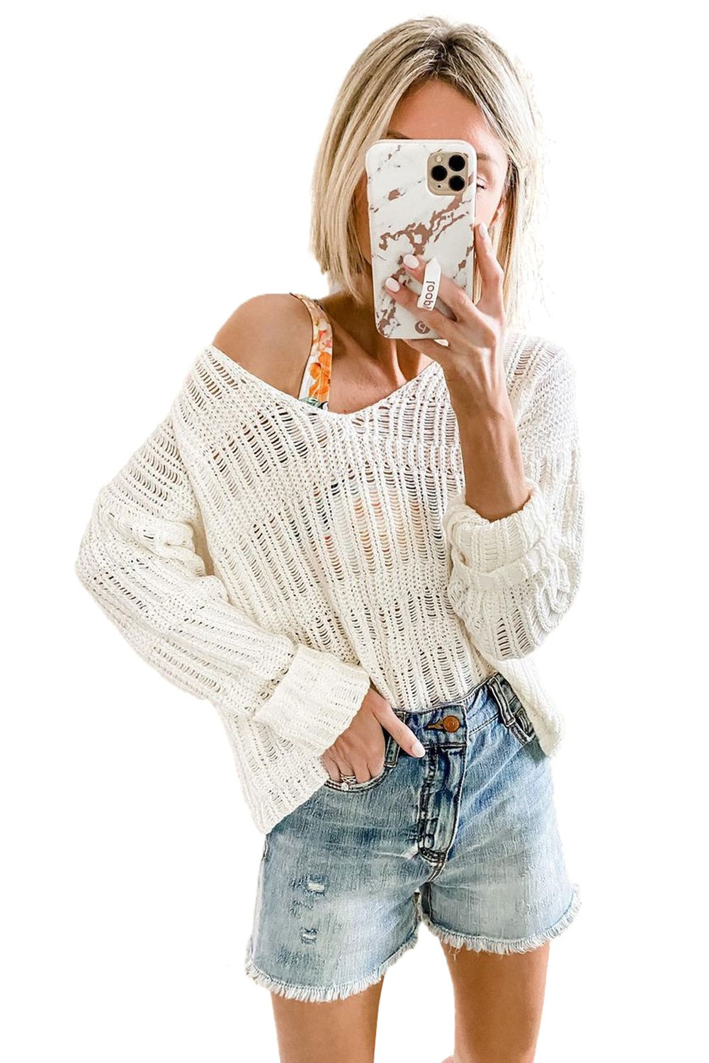 White Loose Long Sleeve V Neck Open Knit Sweater