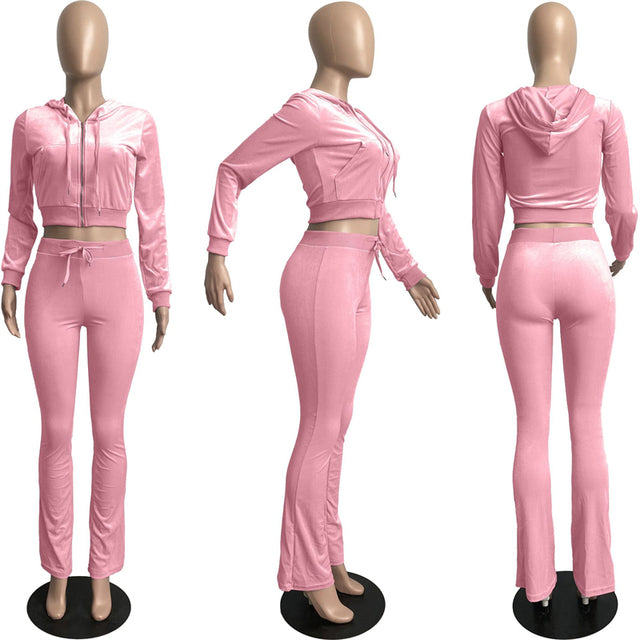 Adogirl Sexy Solid Velvet Two Piece Tracksuit Zip Up Long Sleeve Hooded Top With Flare Pants Brought To You By Officially Sexy