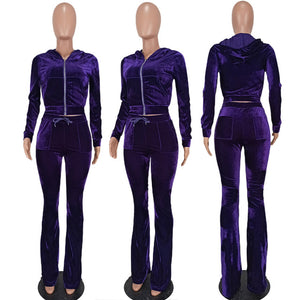 Adogirl Sexy Solid Velvet Two Piece Tracksuit Zip Up Long Sleeve Hooded Top With Flare Pants Brought To You By Officially Sexy