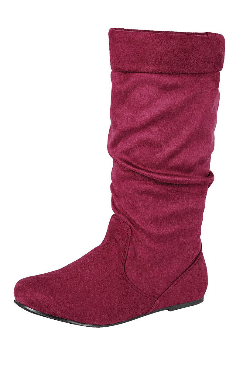 Ladies fashion ruched wedge boot is edgy, dress casual and chic, knee-high boot, closed almond toe, micro wedge heel