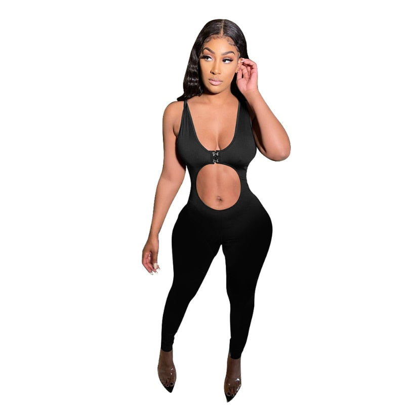 Women's Sexy Solid Cut Out Stomach Sleeveless Bodycon Elastic Night Club One Piece Romper Jumpsuit