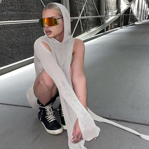 Asymmetric Skinny Ribbed Hooded Streetwear Midi Dress