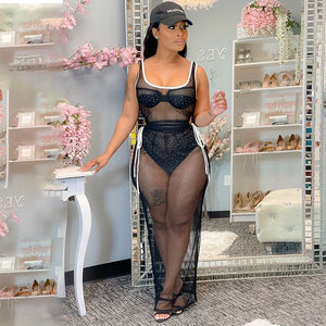 Women's Sexy Long Sleeveless Back Split Sheer Mesh Maxi Tank Party Dress / Bikini Cover Up