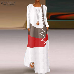 Women's Vintage Color Stitching Plus Size Long Sleeve Maxi Dresses