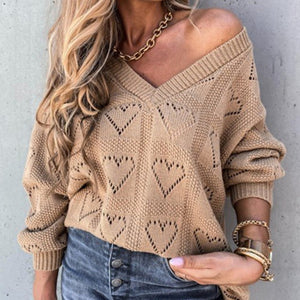 Women's Spring / Autumn Love Heart Hollow Crochet Loose V Neck Long Sleeve Casual Sweater
