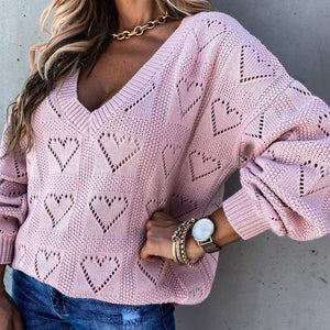 Women's Spring / Autumn Love Heart Hollow Crochet Loose V Neck Long Sleeve Casual Sweater