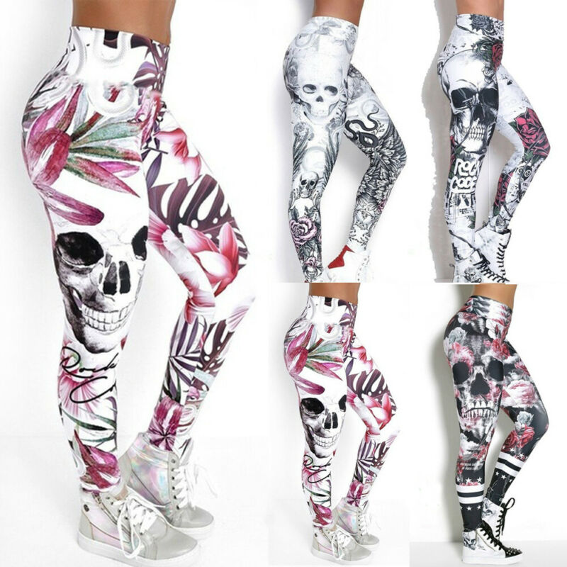 Women's White Pink & Grey Skull Design Leggings