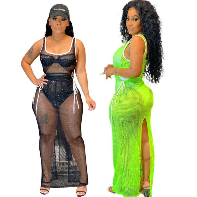 Women's Sexy Long Sleeveless Back Split Sheer Mesh Maxi Tank Party Dress / Bikini Cover Up